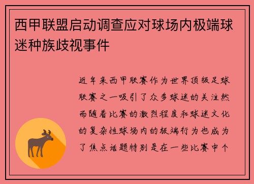 西甲联盟启动调查应对球场内极端球迷种族歧视事件